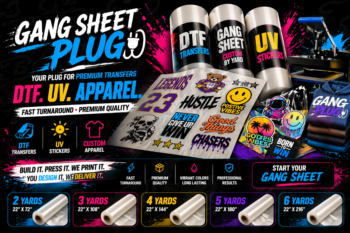 Promotional graphic for Gang Sheet with product display and text about DTF, UV, and apparel transfers.